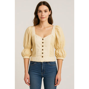 Anthropologie Let Me Be Cream Puff Sleeve Sweetheart Crop Top Buttons Sz M